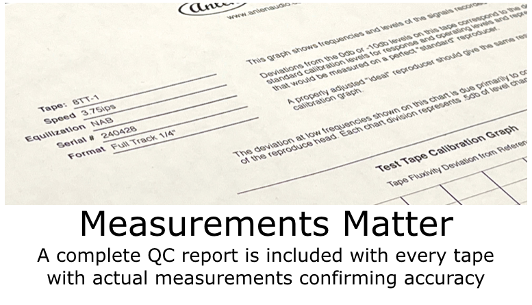 A complete QC report is included with every tape with actual measurements confirming accuracy